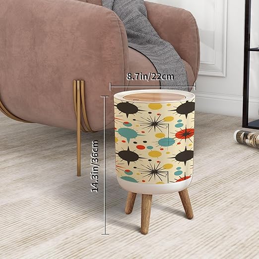 Trash Can with Lid Mid century fifties modern atomic retro colors seamless pattern Part Press Top Round Small Garbage Bin with Wooden Legs Waste Basket for Kitchen Bedroom Nursery 7L/1.8 Gallon