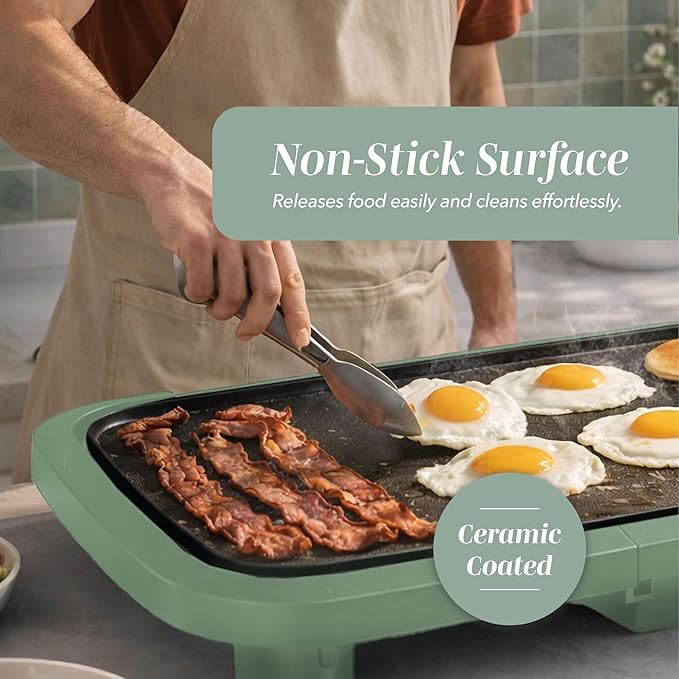 COOK WITH COLOR Electric Griddle 1200W, Nonstick Surface for Pancakes, Burgers, Eggs & More, Removable Temperature Control, Slide-Out Drip Tray, 10" x 16" Cooking Area, Dark Sage