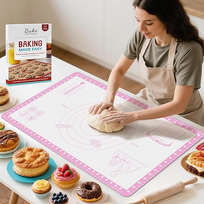 Silicone Baking Mat with 10 Recipes, Pastry Mat for Dough Rolling, Silicone Mat for Baking Macaron, Cookie, Bread, Pizza,Surdough, Fondant Mat for Kitchen, Extra Large Pink 32 X 24 INCH