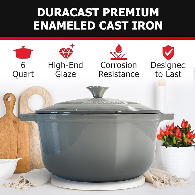 Mueller 6 Quart Enameled Cast Iron Pot Dutch Oven, Heavy-Duty Oven-Safe up to 500° F, & Across All Cooktops, Casserole Dishes for Ovens, Bread Pan with Lid and Knob, Cast Iron Cookware, Grey