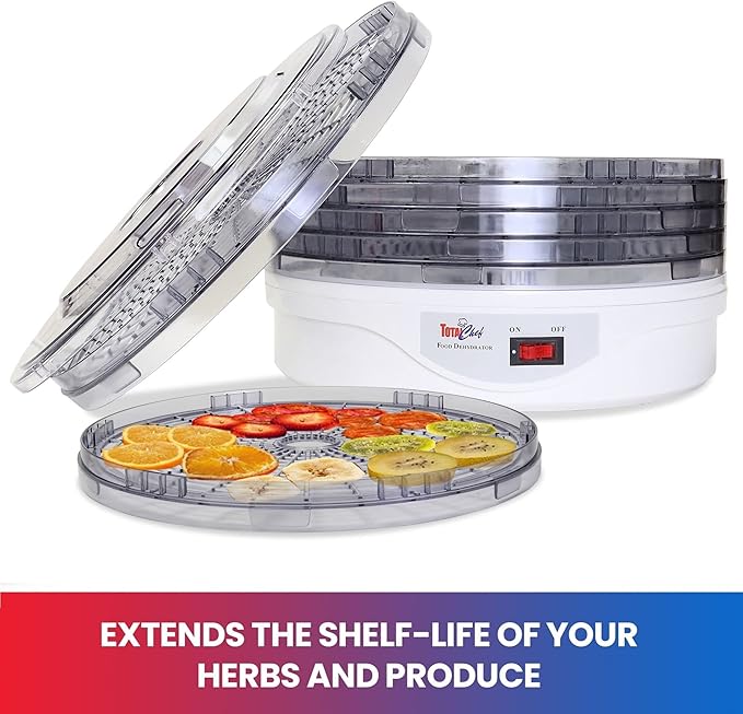 Koolatron Total Chef Food Dehydrator Machine, Countertop Electric Food Dryer with 5 Removable Transparent Drying Trays with 12" Radius - Ideal for Fruit, Meat, Snacks, Vegetables or Beef Jerky, 240W,