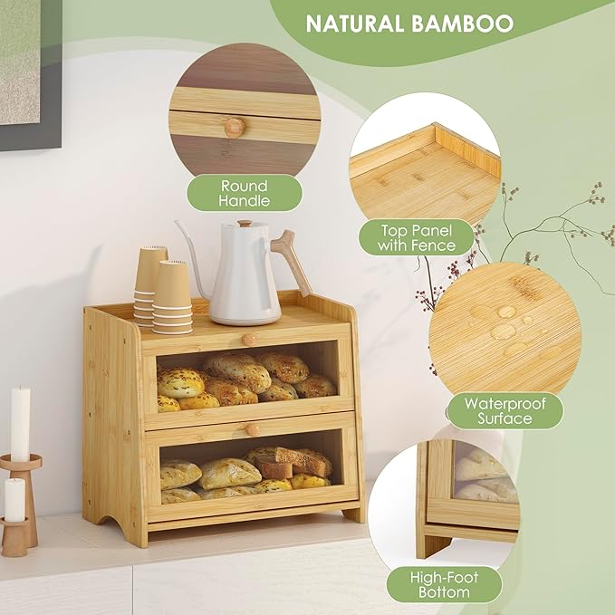 JANSNIMEN Double Layer Bread Box for Kitchen Countertop, Large Breadbox Bread Container Storage with Acrylic Door, Wooden Farmhouse Bread Holder (Bamboo, Medim-15.7" L x 9.5" W x 13" H)