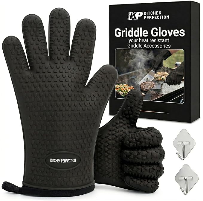KITCHEN PERFECTION Silicone Oven & Griddle Gloves -Extreme Heat Resistant BBQ & Grilling Gloves -Handle Hot Food Right on Your Griddle |Waterproof Oven Mitts Grill Gloves |Superior Set+3 Bonuses