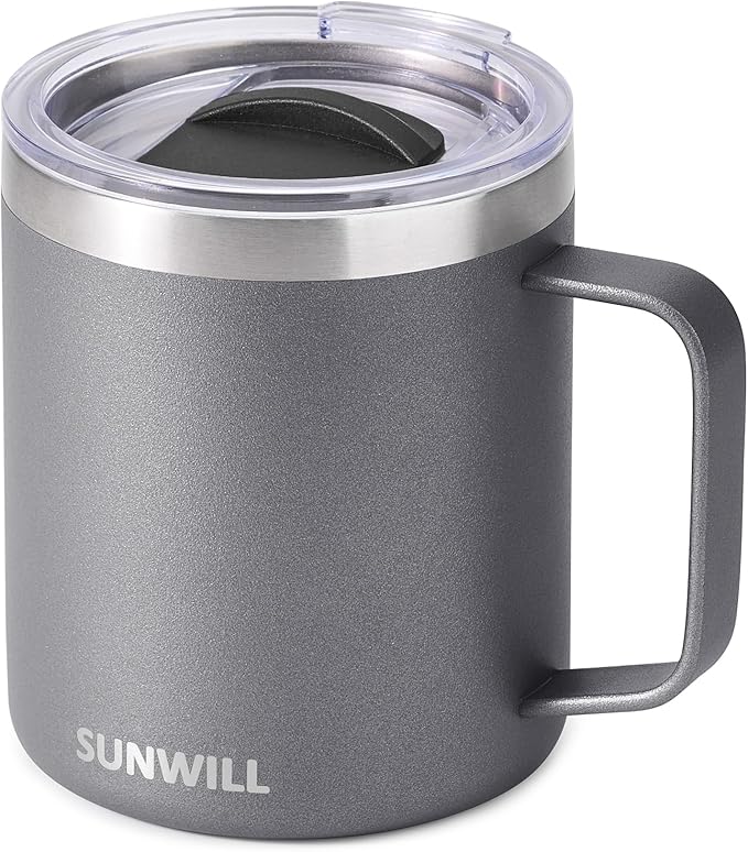 SUNWILL Travel Coffee Mug with Lid, Insulated Tumbler with Handle, 14 oz Stainless Steel Cup for Ice, Water, Tea, Cool Grey