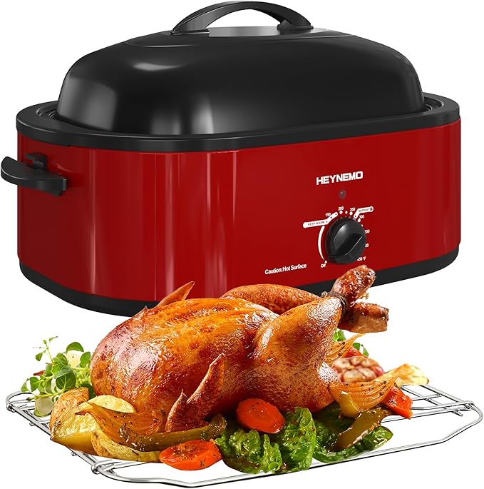 20 Quart Electric Roaster Oven with Self-basting Lid, Turkey Roaster Oven with Removable Pan and Rack, RED