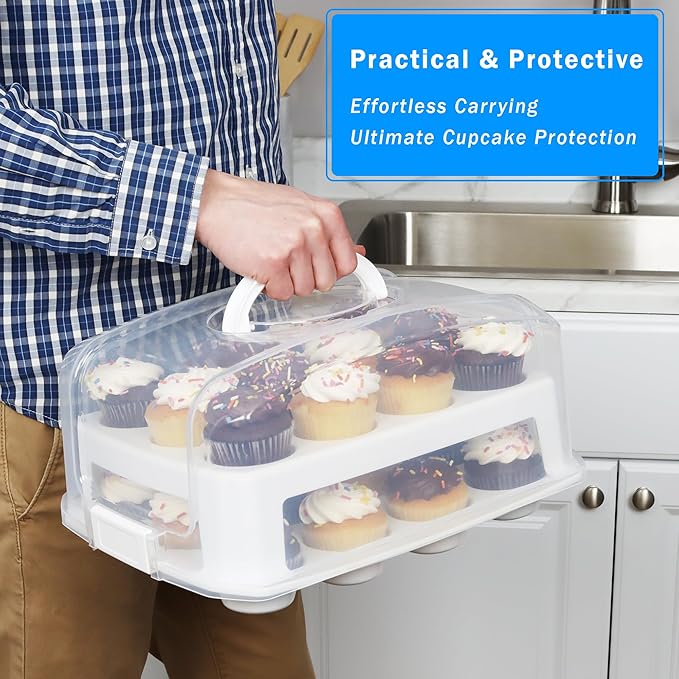 Extra Tall Cupcake Carrier 24 Count, 24 Cupcake Holder with Lid -Spacious 3.5” Tall Tiers Accommodate 24 Tall Frosted Cupcakes, Won't Smush! Cupcakes Containers Muffin Storage Container/Muffin Holder