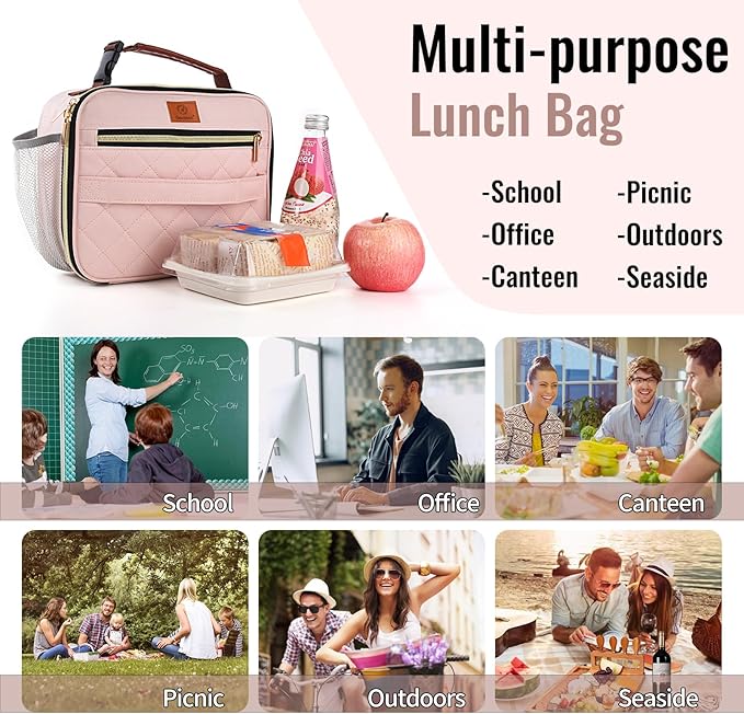 Genteen Lunch Box for Kids,Girls - Insulated LunchBox Reusable, Zip Closure & Buckle Handle, Portable Cooler for Work, School, Travel (Pink)