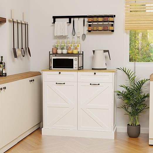 RASOO Trashcan Cabinet for Kitchens 10 Gallons Tilt Out Trash Recycling Cabinet with Hideaway Drawers, 1 Door with Storage Rack for Laundry Room, Pantry, Kitchen, White