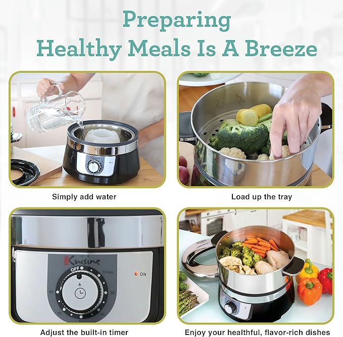 Euro Cuisine FS3200 Electric Food Steamer, Versatile Vegetable Steamer & Steam Cooker for Healthy Cooking, Ideal for Fish, Veggie, Meat, Easy Cleaning, Stainless Steel Design 1200 Watts