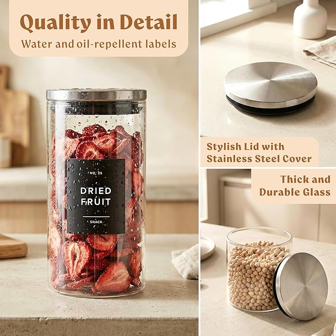 EDELHAUS Glass Storage Containers with Stainless Steel Lids [Extra Thick Glas] with 54 Labels - Canister For Pantry Noodles Flour Cereal Rice Sugar Tea Coffee Beans - Round Set of 5x