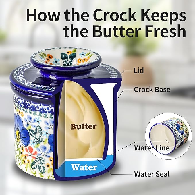 French Butter Crock with Lid for Countertop,Handpainted Floral Butter Keeper with Water Seal Line, Farmhouse Ceramic Butter Container Airtight for Soft Spreadable Butter,Housewarming Gifts