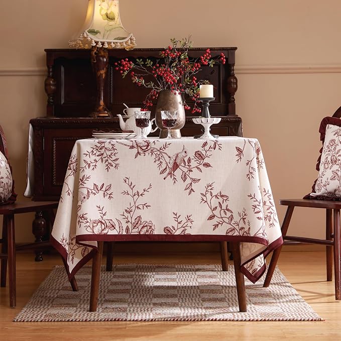 ISAENNE Designer Vintage Linen Table Cloth for Rectangle Table,Red Floral Pattern Linen Stain Resistant Tablecloth,Decor Tablecloths for Dining Thanksgiving Kitchen Party,55"*79"-Harmony