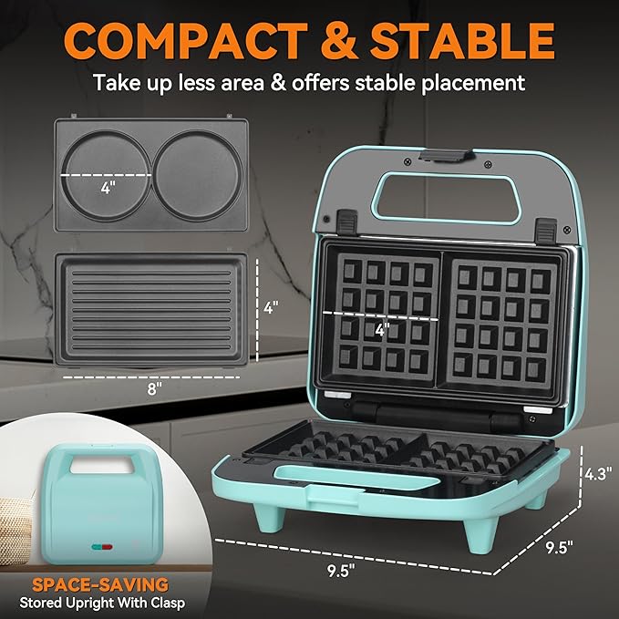 Baker’s Friend 3 in 1 Mini Waffle Maker with Removable Plates, Mini Pancake Maker, Grilled Cheese Maker, Breakfast Sandwich Maker Press, Indoor Grill, Belgian Waffle Maker, Aqua