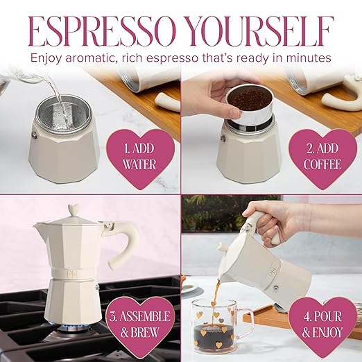 Paris Hilton Stovetop Espresso and Coffee Maker, Italian & Cuban Style Coffee Pot with Iconic Heart Knob, Perfect for Rich Aromatic Espresso, Makes up to 6 Espresso Cups, Cream