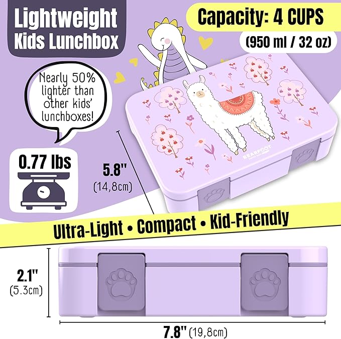 BEARFOOT Bento Box Compact, BPA-Free Children's Lunch Box for School and Nursery, Leak-Proof Lunch Box for Girls and Boys, Practical, Lightweight and Compact (Llama Purple, 4 Cups)