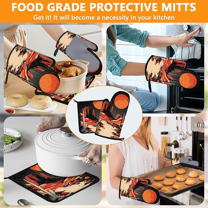Sunset Western Oven Mitts and Pot Holders Sets 4Pcs Silicone Non-Slip Mitts Heat Resistant Gloves Hot Pads for Kitchen Cooking Baking Grilling BBQ