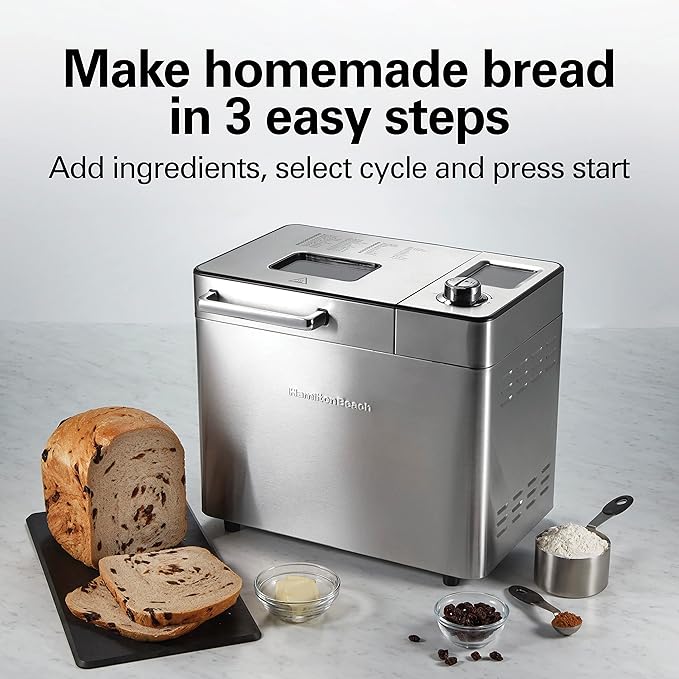 Hamilton Beach 29890 Premium Dough & Bread Maker Machine with Auto Fruit and Nut Dispenser, 2 lb. Loaf Capacity, 21 Programmable Settings Includes Gluten Free+Keto, Stainless Steel
