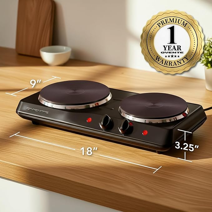 OVENTE Electric Countertop Double Burner, 1700W Cooktop with 7.25" and 6.10" Cast Iron Hot Plates, Temperature Control, Portable Cooking Stove and Easy to Clean Stainless Steel Base, Black BGS102B