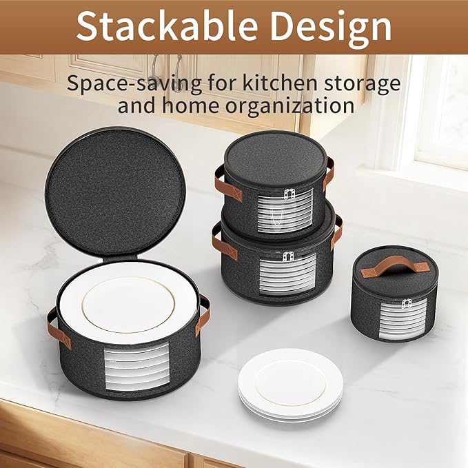 4 Piece China Storage Containers, Dish Storage Containers with Clear Windows, Hard Shell Plate Organizer with Handles, Stackable Moving Boxes for Dishes, Glassware, Dinnerware, Plates, Dark Gray