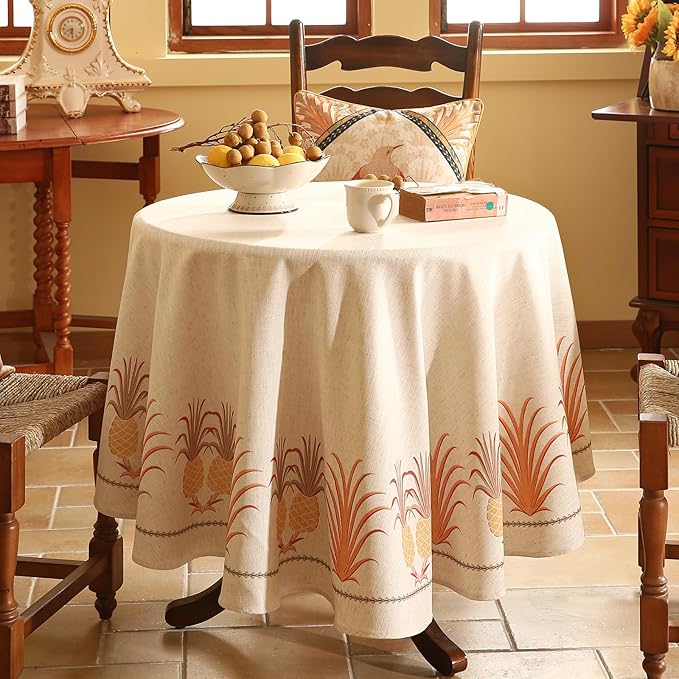 patdrea Designer Tablecloth for Round Table,Pineapple Pattern Linen Tablecloths,Fall Decoration Table Cover for Kitchen Dining Christmas,Tea Party,Thanksgiving,Diameter 67"-Pineapple B