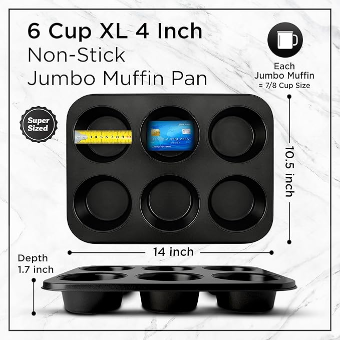 Wrenbury Jumbo Muffin Pan 6 Cup Set of 2 - Nonstick XL Deep Muffin Pan for Baking 3.75" Cup - Big Cup Tin - Oversized Extra Large Cupcake Mold - PTFE Free