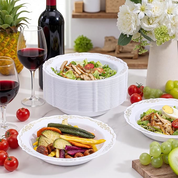 DaYammi 50 Pack Plastic Bowls with Gold Rim, 12oz Disposable Soup Bowls, Heavy Duty Dinner Bowls for Weddings, Parties, Dinners, Catering and Everyday Use
