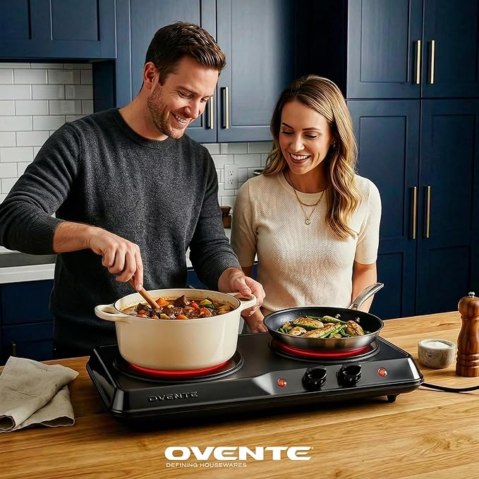 OVENTE Countertop Infrared Double Burner, 1700W Electric Hot Plate and Portable Stove with 7.75" and 6.75" Ceramic Glass Cooktop, 5 Level Temperature Setting and Easy to Clean Base, Black BGI102B