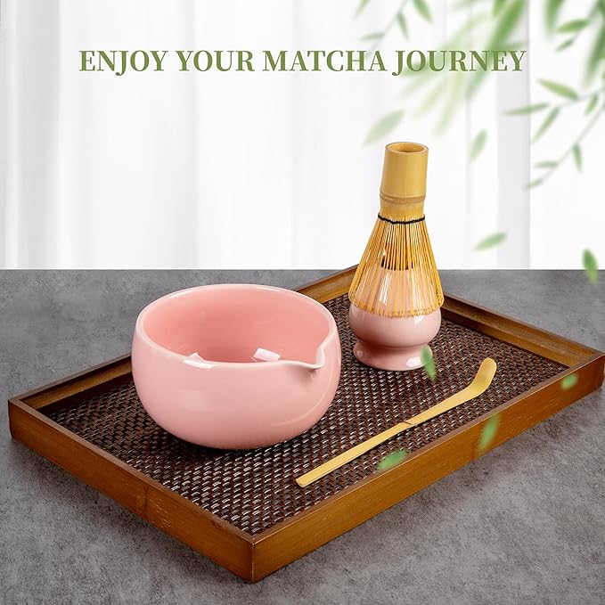 YIBO Matcha Whisk Set Pink, Handcrafted Bamboo Chasen & Ceramic Bowl Matcha Kit, Holder, Stainless Steel Sifter, Scoop Measuring Spoon & Cup Tools for Matcha Tea Ceremony