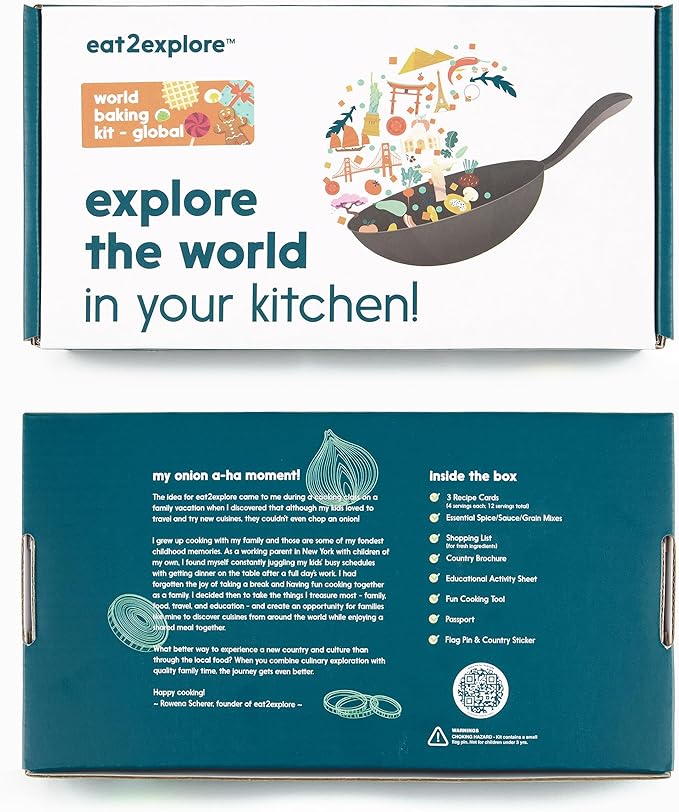 eat2explore Kids Real Dessert Baking Kit for Families | Includes 3 Recipe Cards from Japan, Turkey and Columbia with Key Ingredients, Baking Tools, Perfect for Families and Homeschooling