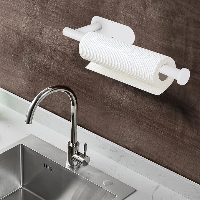 DEKAVA Under Cabinet Wall Mount Paper Towel Holder, Self-Adhesive Bar, Stainless Steel 13 inch (White, 1)