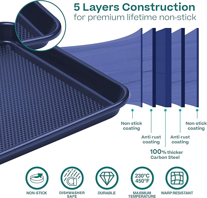Baker's Secret Non Stick Baking Sheets, Set of 3 Cookie Sheets for Oven, Diamond Texture Premium Air Flow, Extra Thick 0.6mm, PFOA PFOS PTFE and PFAS Free Bakeware, 3 Sizes