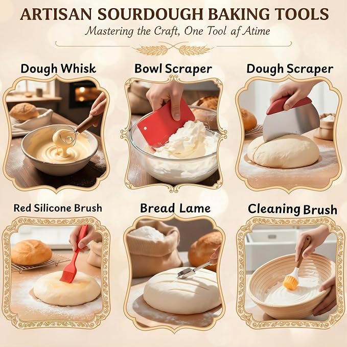 Sourdough Starter Kit with Glass Starter Jar & Banneton Bread Proofing Basket, Complete Sourdough Bread Baking Supplies and Tools for Home Bakers, Gift Sourdough Kit for Baking Lovers