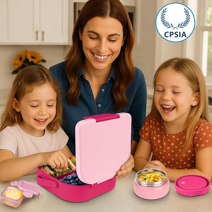 TinyPalsa Bento Box for Kids with 10oz Thermos, Durable Lunch Box with Leak Proof Insulated Food Jar, 3 Compartments with Portable Handle for Ages 3+, Dishwasher Safe, Ideal for School, Travel (Pink)