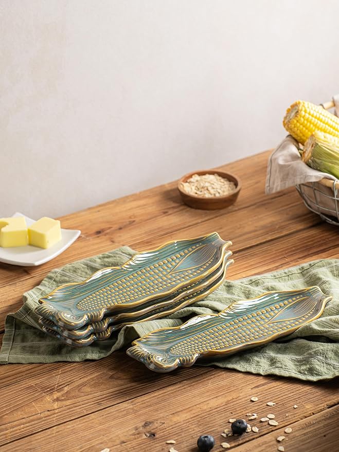 Corn Dishes, Ceramic Corn on the Cob Holders and Trays, Set of 4
