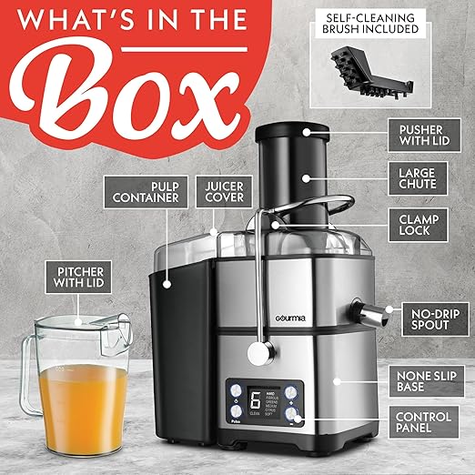 Gourmia 6 Speed Digital Juice Extractor -Extra-Wide Chute, Pulse Mode, Self-Clean Cycle, 36 oz Pitcher, Pulp Container & Cleaning Brush, Stainless Steel