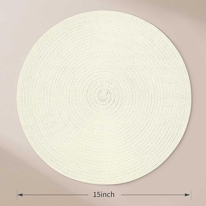 FunWheat Round Braided Placemats Set of 6 Place mats for Dining Tables Woven Heat Resistant Table Mats 15 inch (Ivory,6pcs)