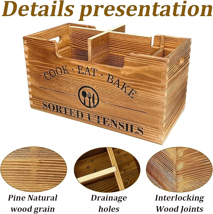 Upgraded Kitchen Utensil Holder for Counter or Countertop, Extra Large Utensil Holder with three Adjustable Combination Designs, Wooden Utensil Holder for Storage Cooking and Silverware