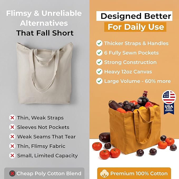 VeraMia Canvas Grocery Bag 3pc XL Set with Real Pockets, Long Shoulder Strap and Short Handle. Heavy Duty, Foldable, Washable