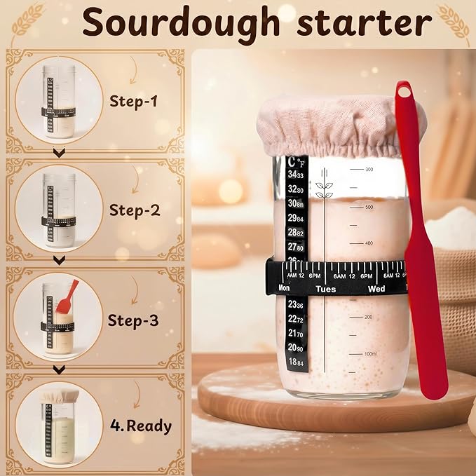 Sourdough Starter Kit with Glass Starter Jar & Banneton Bread Proofing Basket, Complete Sourdough Bread Baking Supplies and Tools for Home Bakers, Gift Sourdough Kit for Baking Lovers