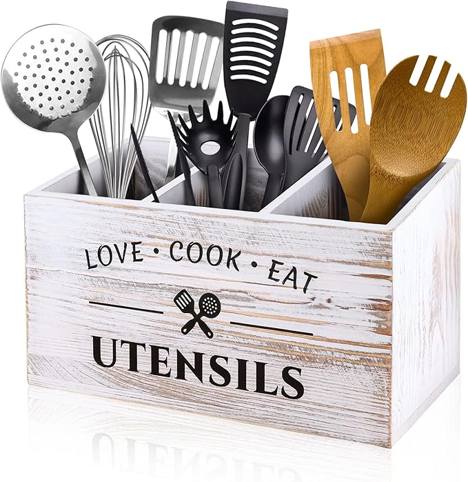 MINCORD Wood Kitchen Utensil Caddy with 3 Compartments, Rustic Farmhouse Style, Ideal for Storage and Organization, White