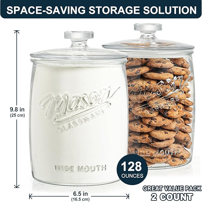 2 Pack Cookie Jar, 1 Gallon Glass Jar with Airtight Lids - Large Wide Mouth Mason Jar for Kitchen Pantry& Laundry Room, Glass Apothecary Canisters Sets for Candy, Flour, Rice, Coffee, Display