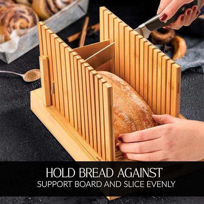 Bamboo Bread Slicer with High-Grade Stainless Steel Knife – Adjustable Wooden Bread Cutter Guide with Crumb Tray, Brush & Pouch | Manual Bread Slicer for Homemade Bread, Sourdough, Loaf, Cakes