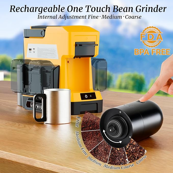 Cordless Coffee Maker for Dewalt 20V MAX Battery, 3 Brewing Options Drip Coffee Maker with Coffee Grinder, Portable Single Serve Coffee Makers for Camping, Travel, and Jobsite. (Tool Only)