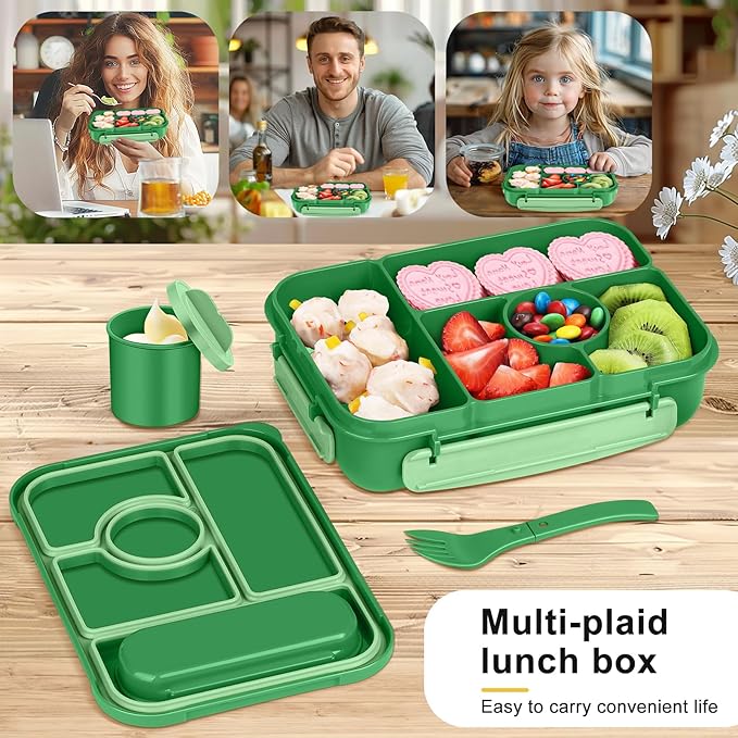 Amathley Bento Box Adult Lunch Box Kids,Lunch Containers for Adults/Kids/Toddler,5 Compartments Bento Lunch Box with Sauce Vontainers,Microwave & Dishwasher & Freezer Safe,BPA-Free (Emerald green)