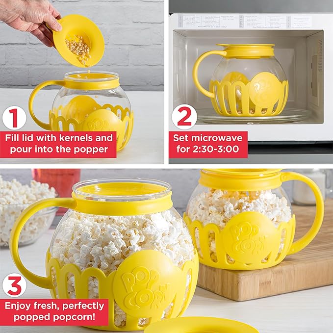Ecolution Patented Micro-Pop Microwave Popcorn Popper with Temperature Safe Glass,3-in-1 Lid Measures Kernels and Melts Butter,Made Without BPA,Dishwasher Safe,3-Quart,Yellow,(Pack of 4)