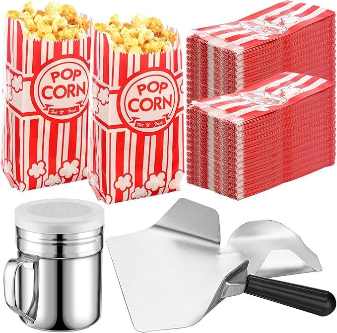 Potchen 502 Pieces Popcorn Machine Supplies Set Includes 500 Pcs 1oz Red and White Popcorn Bags Bundle Scoop and Stainless Steel Seasoning Dredge Salt Shaker for Party Movie Night Theater(Classic)