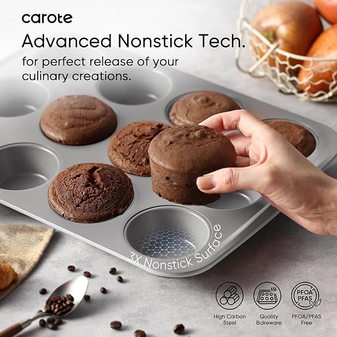 CAROTE 7-Piece Nonstick Stackable Baking Pans Set - Bakeware Sets Including Cookie Sheets for Baking, Muffin Pan, Bread Pan, Cake pan, Loaf Pan, Roasting Pan, Gray & Blue