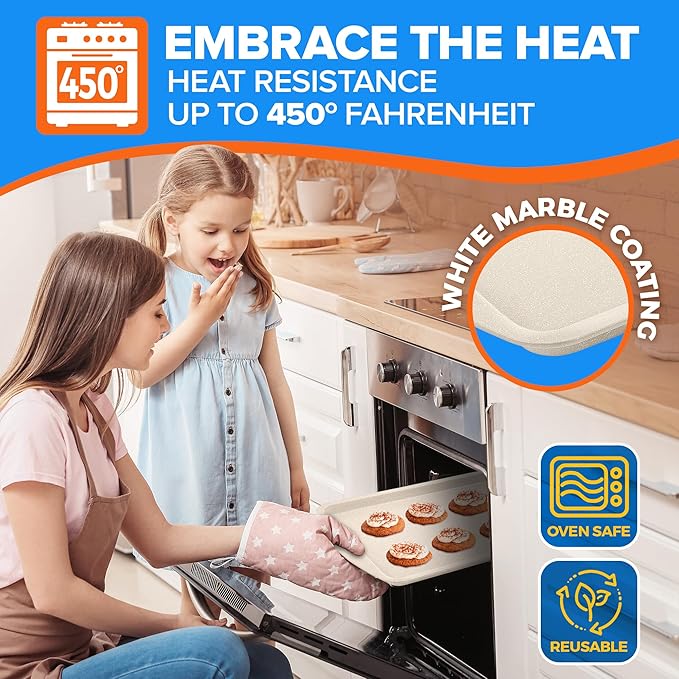 Stackable Baking Pan Set - Deluxe Nonstick White Marble Coating, Carbon Steel Bakeware Sets, PFOA, PFOS, PTFE Free, Recipe Booklet Included, Oven Safe (Up to 450°F), Set of 7 - White