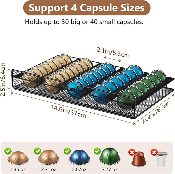Coffee Syrup Rack Organizer, 3-Tier 8 Bottles Syrup Rack with Pod Holder Drawer for Nespresso Pods, Holds up to 30 Big or 40 Small Capsules, Countertop Coffee Bar Organizer for Kitchen Cafe