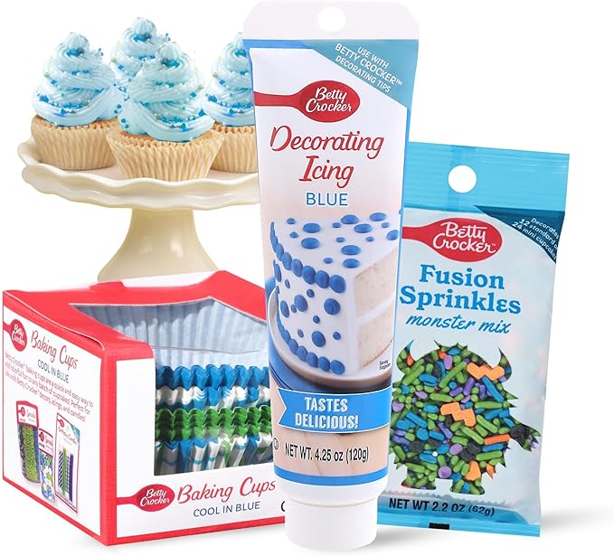 Betty Crocker Cupcake Kit For Boys - Includes 100 ct Betty Crocker blue cupcake liners, Fusion Monster Mix Sprinkles, and Decorating Blue Icing - Perfect for gender reveals, baby showers, & birthdays